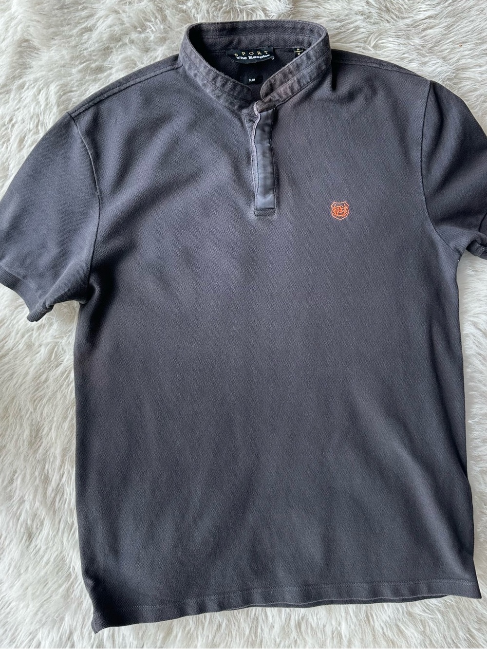The Kooples Men's Dark Gray Polo with Orange Crest logo mandarin color pique M